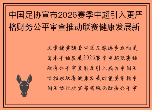 中国足协宣布2026赛季中超引入更严格财务公平审查推动联赛健康发展新格局