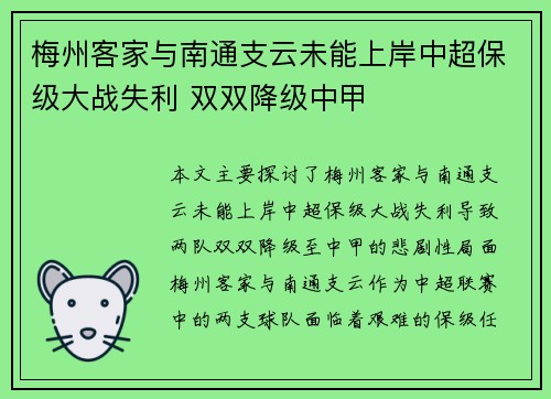 梅州客家与南通支云未能上岸中超保级大战失利 双双降级中甲